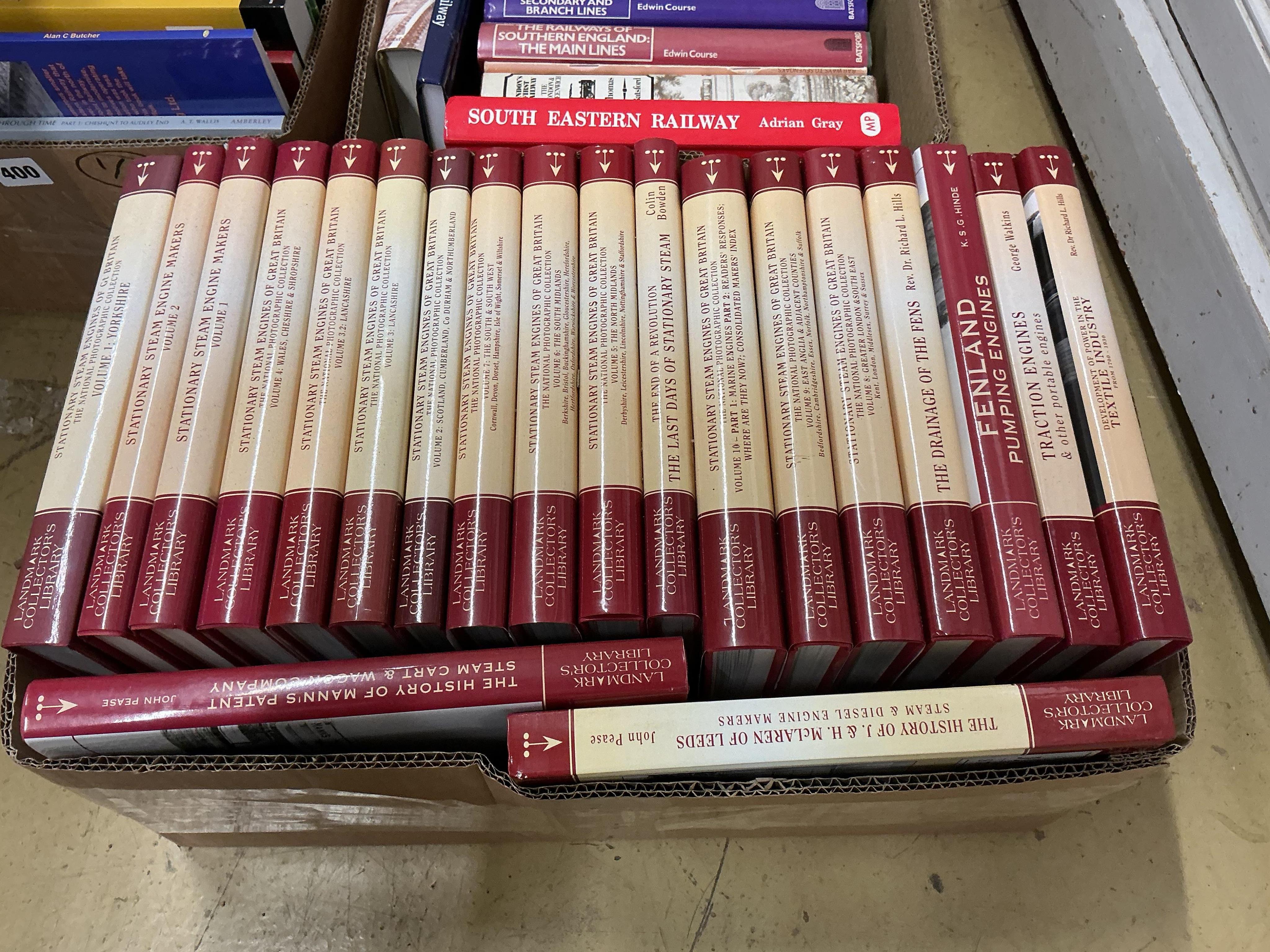 Three boxes of railway related books, subjects include; Stationary Steam Engines, Traction Engines, South Eastern Railway, the East Kent Railway, SECR, the Great Eastern Railway, the Great Central Railway, LBSCR, etc., p